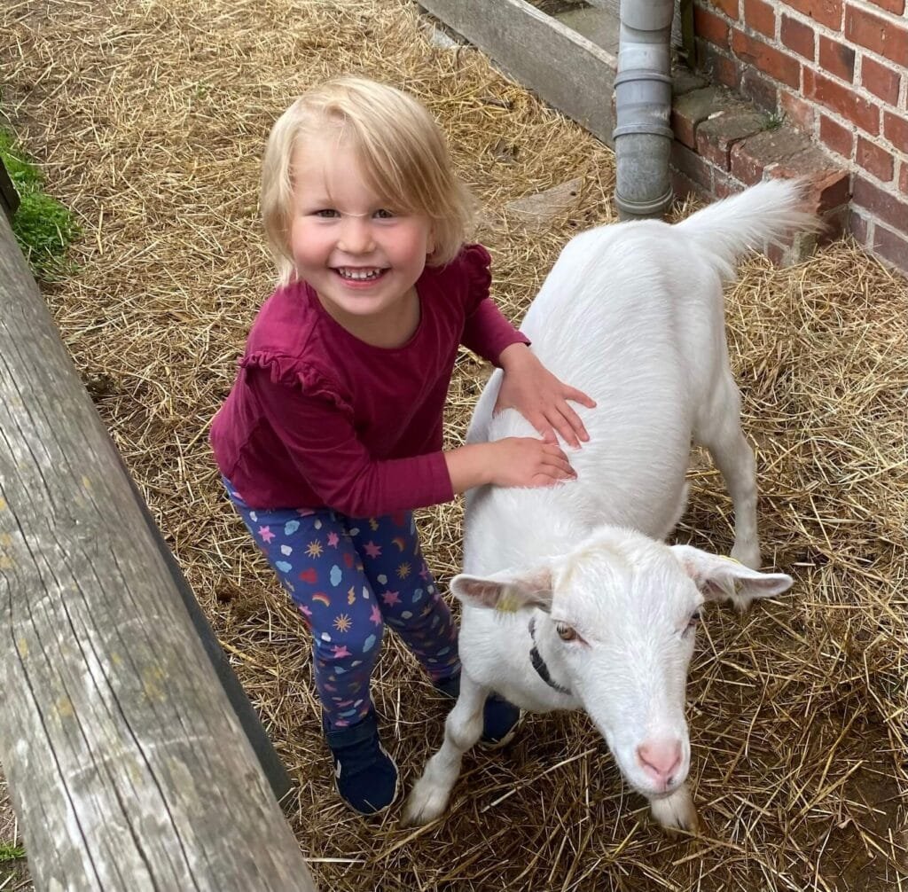 Lächelndes Kind streichelt eine Ziege auf Hof Schlünzen in Ostholstein, ein tierisches Erlebnis für Familien